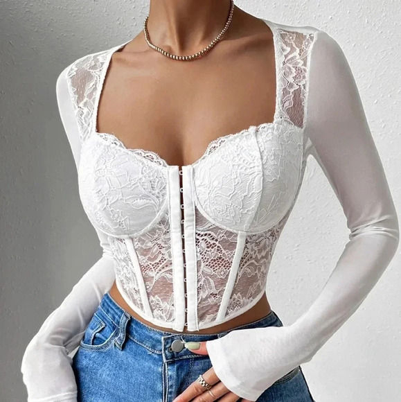 Asymmetrical Hem Crop Bustier Lace Top - Picture 7 of 7